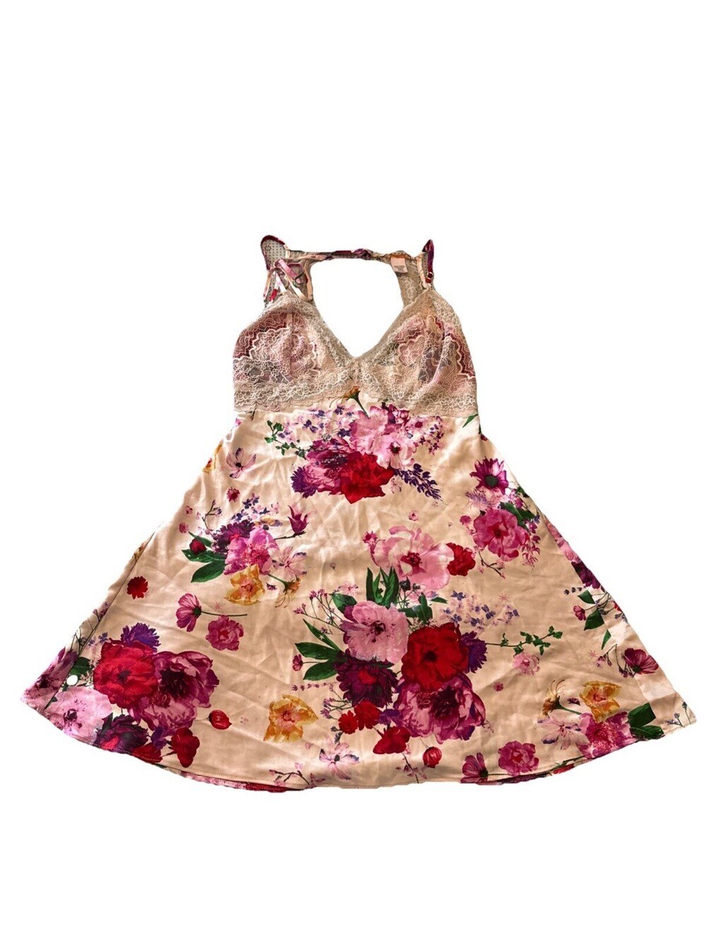 Victoria's Secret Pink/Red Floral Lace Chemise Lingerie Spaghetti Strap EUC S